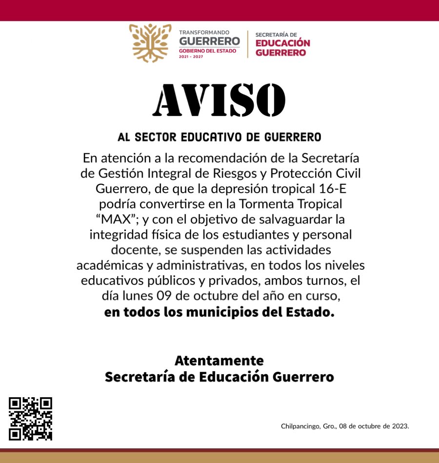 📣#Aviso | Suspensión por Tormenta Tropical “MAX”en todo el Estado. 🏫

Descarga el aviso aquí 👉🏻 seg.gob.mx/?p=6316