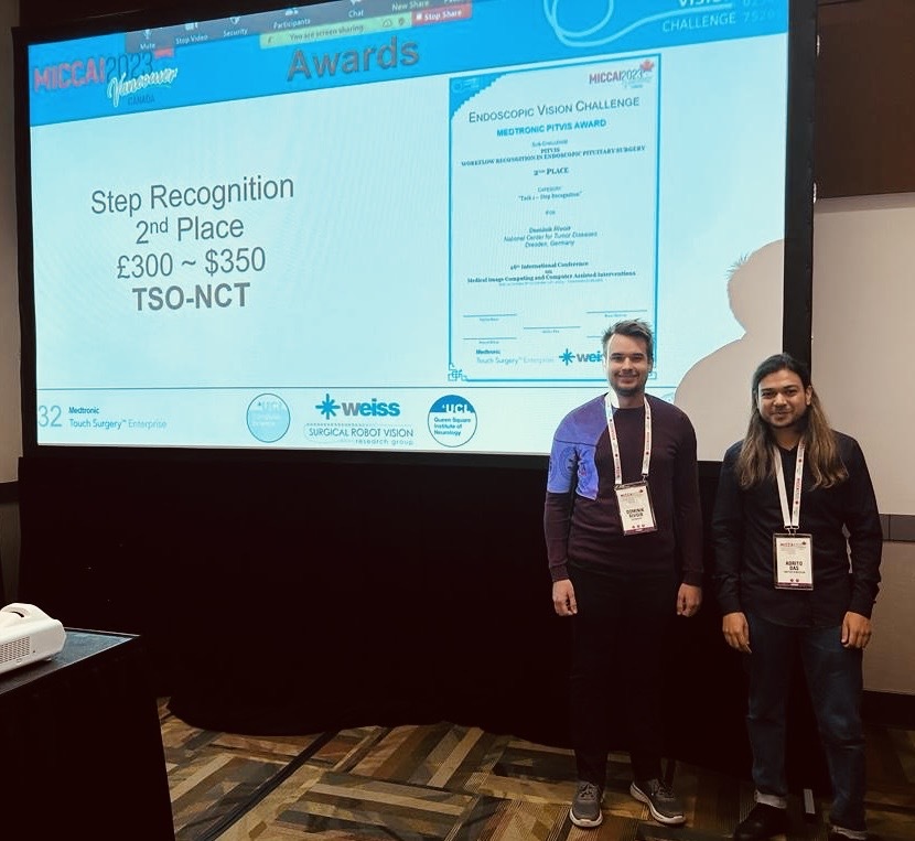 TSO_Lab's tweet photo. Congrats to PhD student @DominikRivoir @TSO_Lab and @TactileInternet
for getting an award for step recognition at the #PitVis
challenge as part of @endo_vis
#MICCAI2023 #SurgicalDaraScience @NCT_UCC_DD https://t.co/BD6nuf6aCG