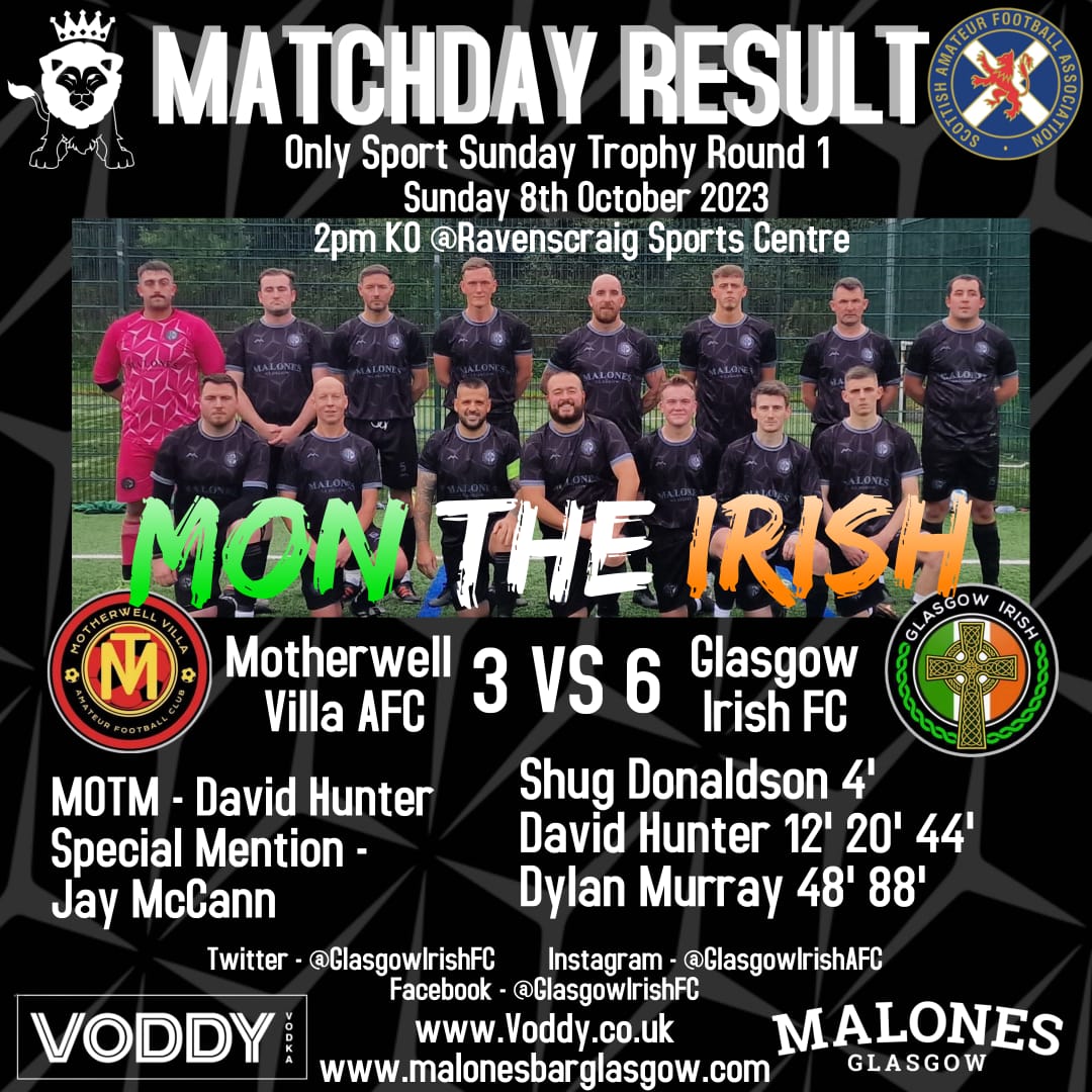 A dominant display and some great finishes saw the Irish run out 6-3 winners and we move onto the next round 

Thanks as always to voddy.co.uk and <a href="/MalonesGlasgow/">Malones Glasgow</a> for their continued support 

<a href="/scottish_aff/">AmateurFixturesResultsSCO</a>