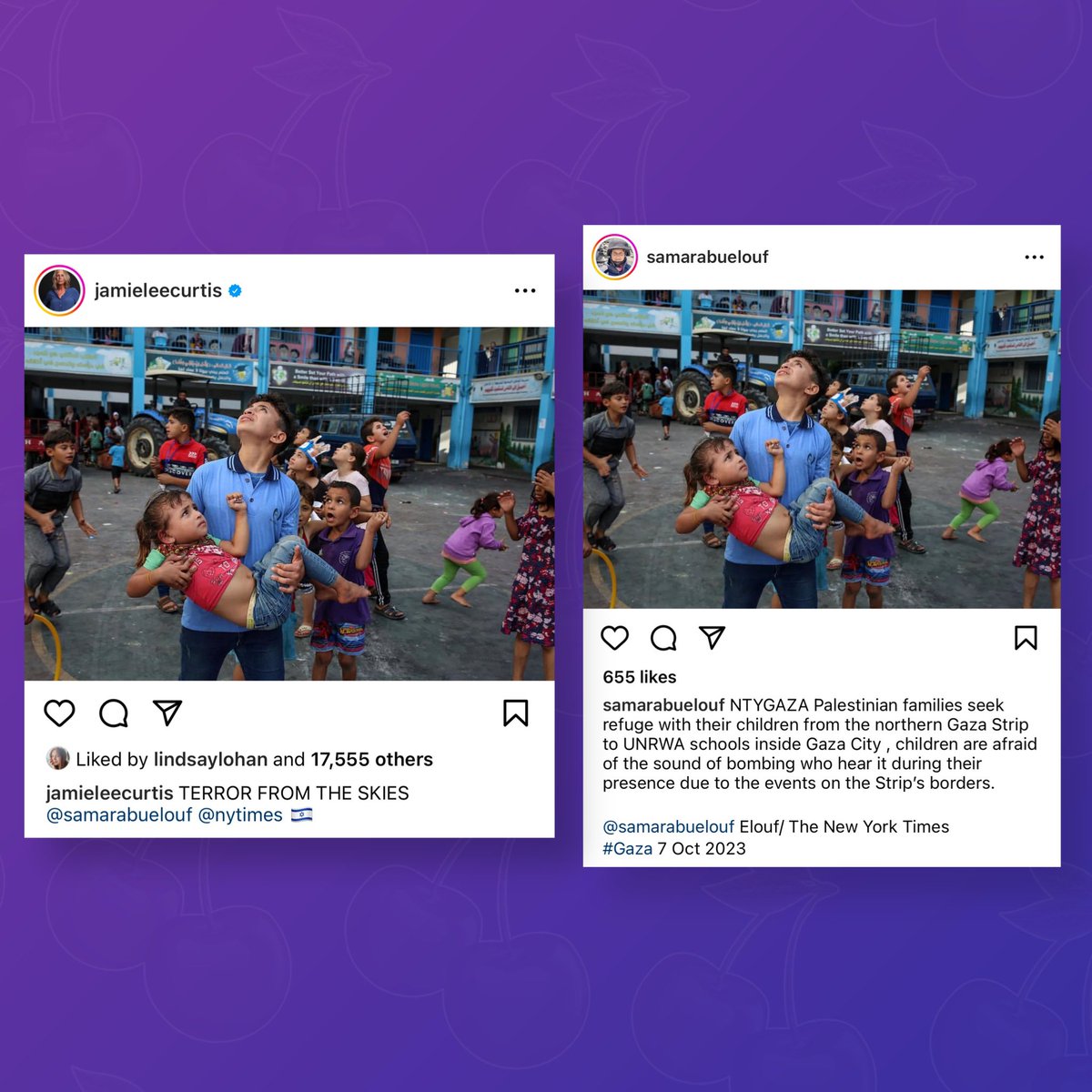 PopBase's tweet image. Jamie Lee Curtis makes post in support of Israel with photo of Palestinian children, as specified by the photographer herself.