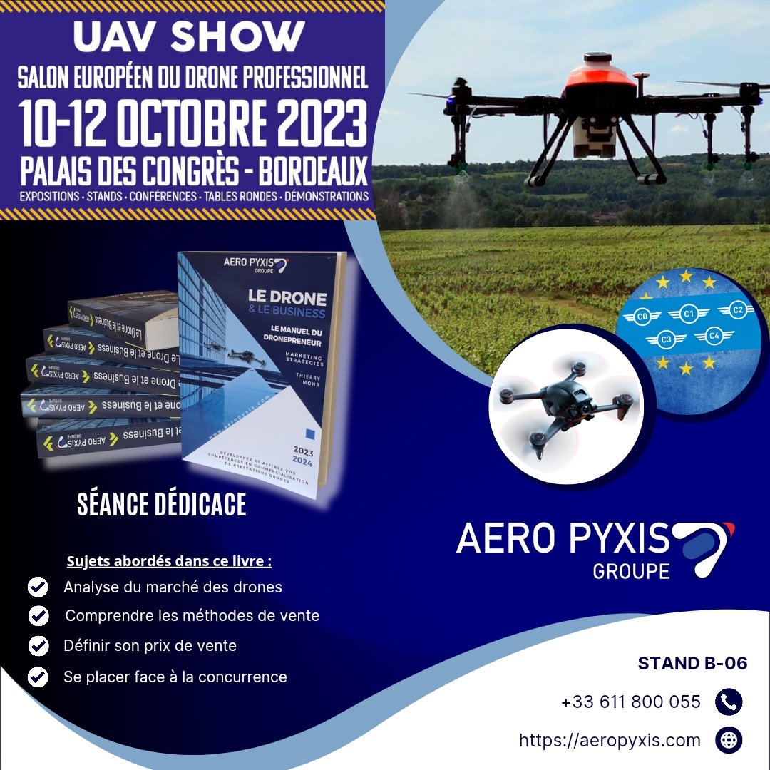 Je vous donne RDV les 10 &amp; 11 octobre 2023  sur le stand du Groupe Aéro Pyxis (B-06) pour une dédicace de votre exemplaire.

pyxis-edition.fr/librairie.html…

J'anime aussi un Workshop le 11, à 14h00, en salle F : "L'Ère des drones - Transformations sectorielles et enjeux réglementaires"