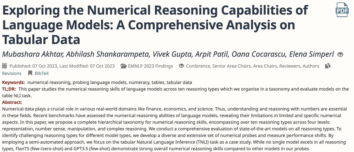 keviv9's tweet photo. 2️⃣ Tabular Numerical Reasoning Evaluation (finding), led by @akhtarmubashara (first-author), @areddys53 (co-first author), Arpit, and mentoring by Oana, @esimperl. Three time-zone work experience. Thanks to @kclinformatics, @IITGuwahati, @cogcomp, @upennnlp. 🙌🎉 for support-2/2. https://t.co/X40iGWMdD6
