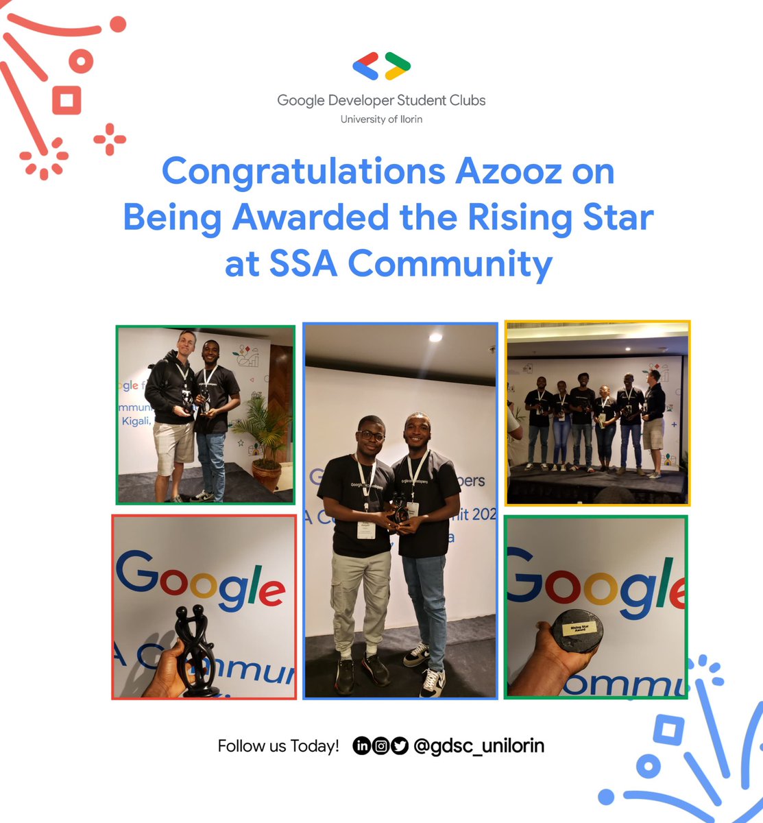 gdgoc_unilorin's tweet photo. Our dear Azooz, @al_knbi299
We are absolutely thrilled to hear that you have been awarded the *Rising Star ⭐ at SSA Community!* Your tireless leadership, dedication, and vision have been a guiding light for GDSC, and this recognition is truly well-deserved.
.
.
A thread 🧵 https://t.co/5CnMXsGgwv