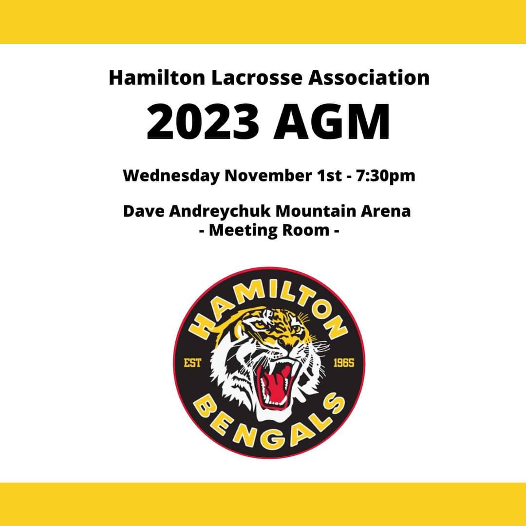 📢 SAVE THE DATE - 2023 AGM - NOVEMBER 1ST 📢

Join us for updates, discuss growing the game here in #HamOnt, &amp; how we can provide the best lacrosse program possible. 🥍🔨

📅  Nov. 1st
📍 Mountain Arena - Meeting Room (above players benches) 
🕖 7:30pm

We hope to see you there!