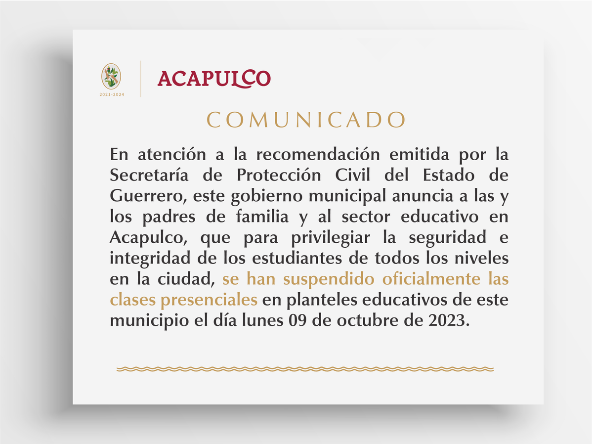 AbelinaLopezR's tweet photo. ATENCIÓN. 

Anuncia la Secretaría de Educación de Guerrero la SUSPENSIÓN de CLASES este lunes 9 de octubre en los planteles educativos de todos los niveles en la ciudad. https://t.co/PW3Ku7x1HO