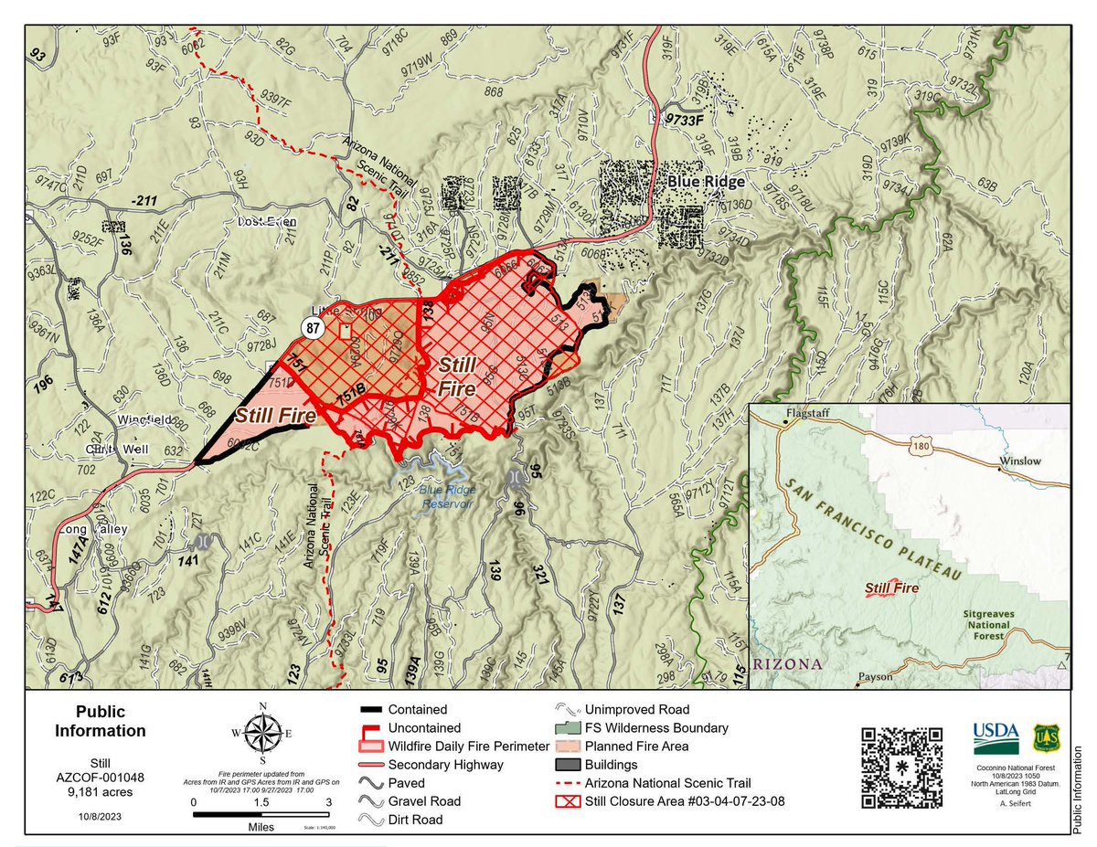 CoconinoNF's tweet photo. Fire managers are pausing firing operations on the #StillFire for the next several days due to predicted rain and humidity but are hoping to resume those operations later this week when weather conditions allow.
The Still Fire is a lightning-caused wildfire located 4 miles northeast of the Highway 87 and Lake Mary Road junction on the Coconino National Forest’s Mogollon Rim Ranger District (MRRD).
During the pause on firing operations, crews will continue to hold existing line while also preparing the fire area – including areas along Highway 87 – for firing operations.
Smoke impact will dwindle significantly over the coming days, but may remain noticeable along Highway 87, in the Blue Ridge communities and in the Little Springs area.
While fire managers anticipate that north and northeast winds – forecast during proposed Thursday and Friday firing operations – will direct smoke away from Highway 87 and local communities, heavy smoke impact may resume along with firing operations.
Driving conditions in the fire area may remain hazardous, and possible intermittent closures may be implemented along area roads, including Highway 87, for public safety.
Fire managers anticipate Forest Road (FR) 95 will remain open at this time, although FR 751 may close should aerial operations resume.
Motorists are reminded to check the Arizona Department of Transportation website for information regarding state road closures and to check the Coconino National Forest website for forest road information. Recreationists are asked to refer to the fire area closure order and to abide by all posted signage and barriers.
Containment for the 9,101-acre Still Fire is at 47 percent, with containment lines in place along the west and east portions of the fire perimeter.
The Still Fire is being managed to reduce hazardous fuels and improve forest health as guided by Forest Service’s 10-year Wildfire Crisis Strategy.
Current resources assigned to the Type 3 Still Fire include one Hotshot crew, one hand crew, six engines, one dozer, one helicopter and miscellaneous overhead.
Forest visitors are asked to remain cognizant of firefighting operations.
There are no structures threatened by the Still Fire, which was first reported Sept. 14.
Area residents and MRRD visitors can visit InciWeb for updates regarding the Still Fire.
Information about smoke and smoke impact is available at https://t.co/XXoeVdsKEH.
For additional information please contact the Still Fire public information team at 2023.still@firenet.gov.