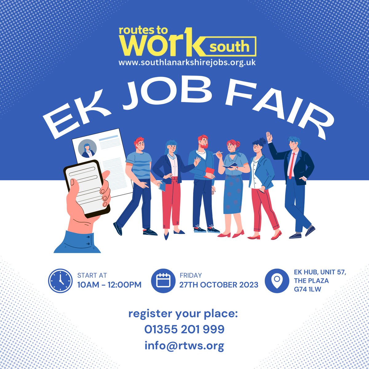 connectedeastkilbride (@connectedek) on Twitter photo Looking for support and advice on finding a new job?
Well the great team <a href="/routes2work/">Routes to Work South</a> are here
๐
Friday the 27th of October
๐EK Hub, Unit 57, The Plaza, EK, G74 1LW
โฐ10am - 12pm
To register your place, contact Alison Mitchell
01355 201 999
info@rtws.org Looking for support and advice on finding a new job?
Well the great team <a href="/routes2work/">Routes to Work South</a> are here
๐
Friday the 27th of October
๐EK Hub, Unit 57, The Plaza, EK, G74 1LW
โฐ10am - 12pm
To register your place, contact Alison Mitchell
01355 201 999
info@rtws.org
