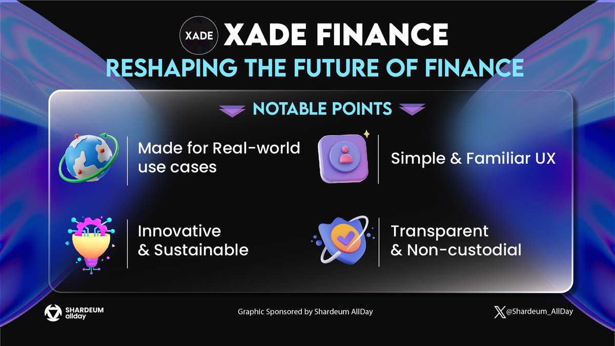 Shardeum_AllDay's tweet photo. 👋 Goodbye inefficiencies and opacity in Trad-Fi. Hello enhanced user experience & practicality in #DeFi with @XadeFinance
#Xade offers banking services with in-house DeFi protocols. Easy-to-use mobile app for all, even beginners
Discover it now 👇
#Shardeum #Shardeum_Allday https://t.co/6xaA4fUJmw
