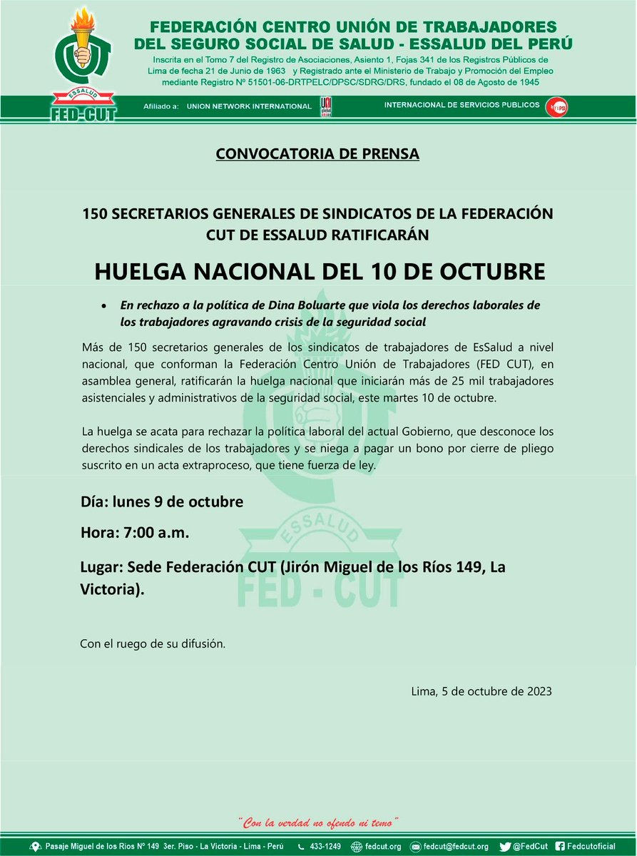 Willy_PonceC's tweet photo. #Los trabajadores de ⁦@EsSaludPeru⁩ inician Huelga Nacional Indefinida este 10 de Octubre por la defensa del Convenio Colectivo rechazó a la política antilaboral del gobierno de ⁦@DinaBoluarteZ⁩ ⁦@FedCut⁩ ⁦@pcmperu⁩ ⁦@canalN_⁩ ⁦@atv_noticias⁩ https://t.co/TyMdgLDjk2