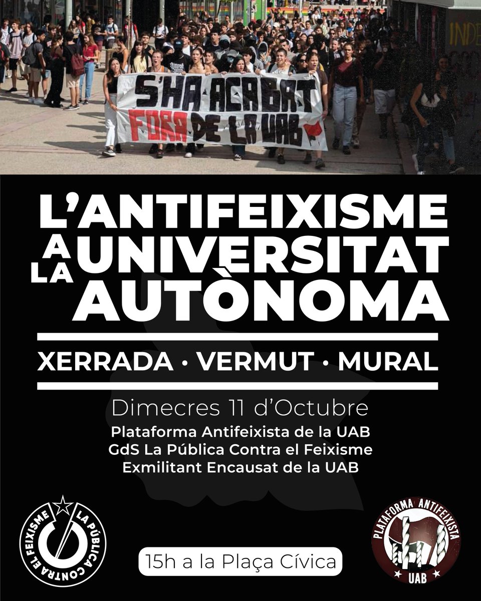 🔴⛓ #EmbatAntifa || El proper dimecres 11 d’octubre, a les 15h, serem a l’Autònoma en un acte conjunt amb <a href="/UABantifa/">Antifeixistes UAB</a> .

🗣 Parlarem sobre el paper del moviment estudiantil en la lluita antifeixista a les universitats. 

🎨 I després, vermut i mural. T’hi esperem!