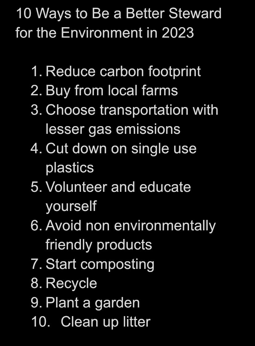 trehmon's tweet photo. 10 ways to be a better steward for the environment! #GoalsProject #WT2108 https://t.co/BvYLPBp4Pf