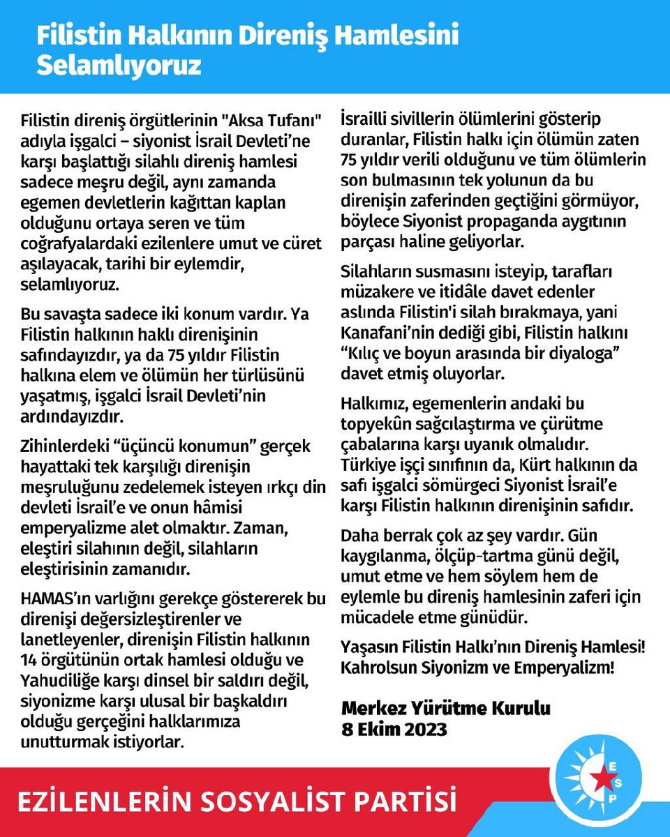 HAMAS’ın varlığını gerekçe göstererek bu direnişi lanetleyenler, direnişin Filistin halkının 14 örgütünün ortak hamlesi olduğu ve Yahudiliğe karşı dinsel bir saldırı değil, siyonizme karşı ulusal bir başkaldırı olduğu gerçeğini halklarımıza unutturmak istiyorlar.