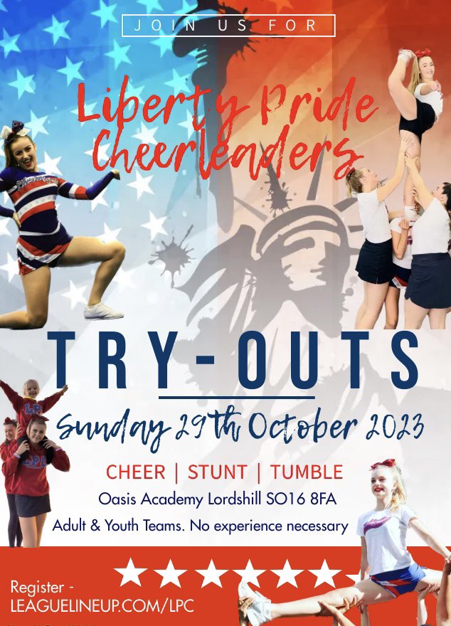 LPC_Cheeries's tweet image. 📣 It’s here….. LPC’s last Try-Out Event of the year! 📣

SUNDAY 29th OCTOBER 2023

All ages &amp;amp; abilities. No experience necessary - join the Tribe and start your journey to becoming a cheerleader! 

All details on the Poster!
#HalfTerm #Southampton #Halloween