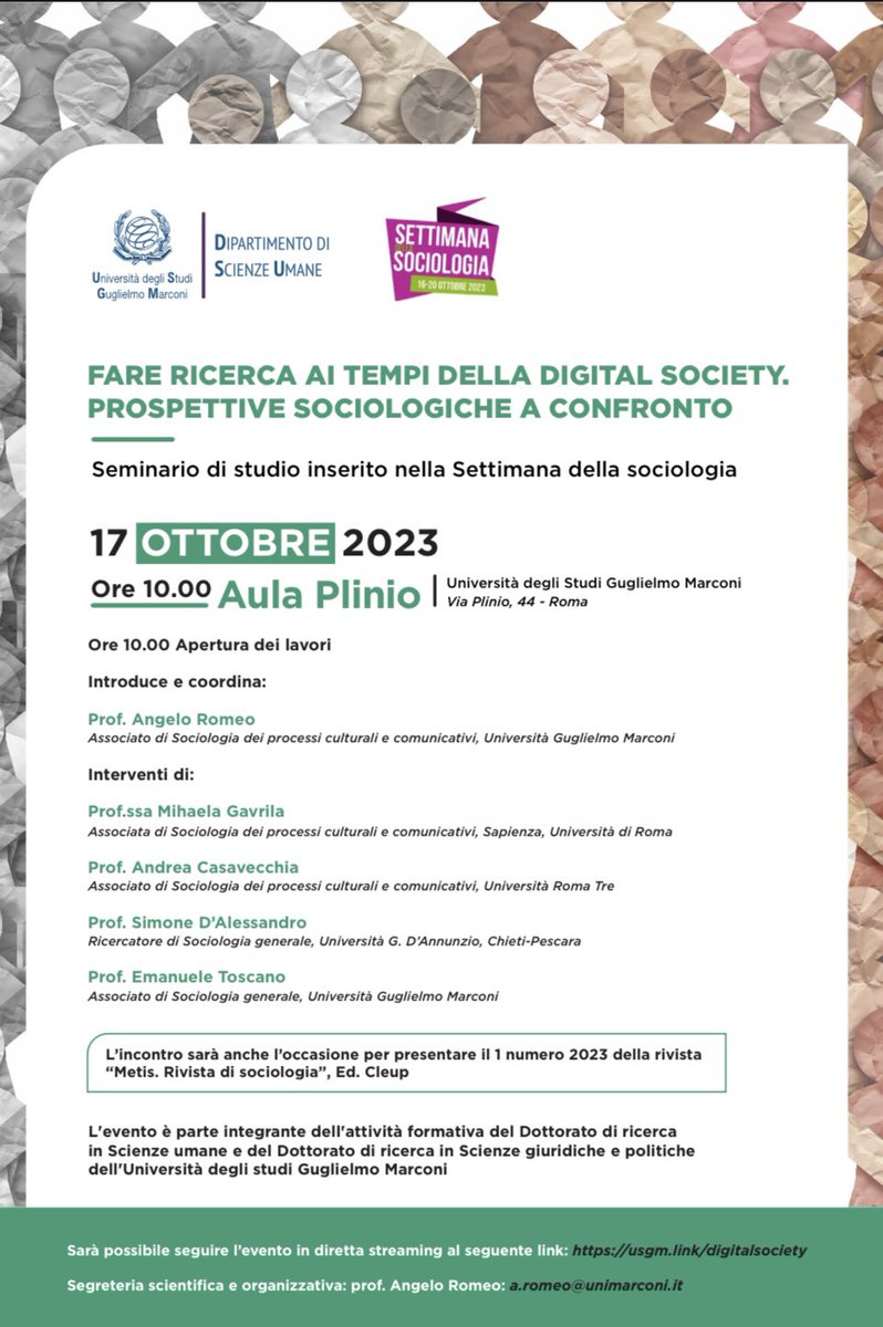 angelo_romeo's tweet photo. Il 17 ottobre nell’ambito della @WeekSocIta Settimana della sociologia,  presso @Uni_Marconi  Fare ricerca ai tempi della digital society https://t.co/S7LvQDxUfF