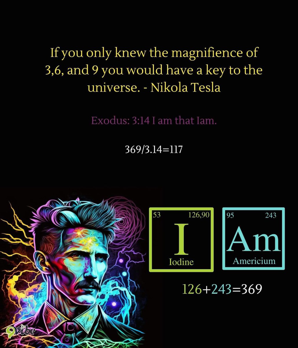 Cloudman176's tweet photo. I = Iodine is 126
AM = Americium is 243

126+243=369!

Exodus 3:14 "and God said to Moses I am That IAM."

Dividing 369 by the mathematical constant π (3.14) unveils the number 117, adding another layer of connection to this intriguing numerical journey as 117 is the total of the https://t.co/5G4GlDOlWk