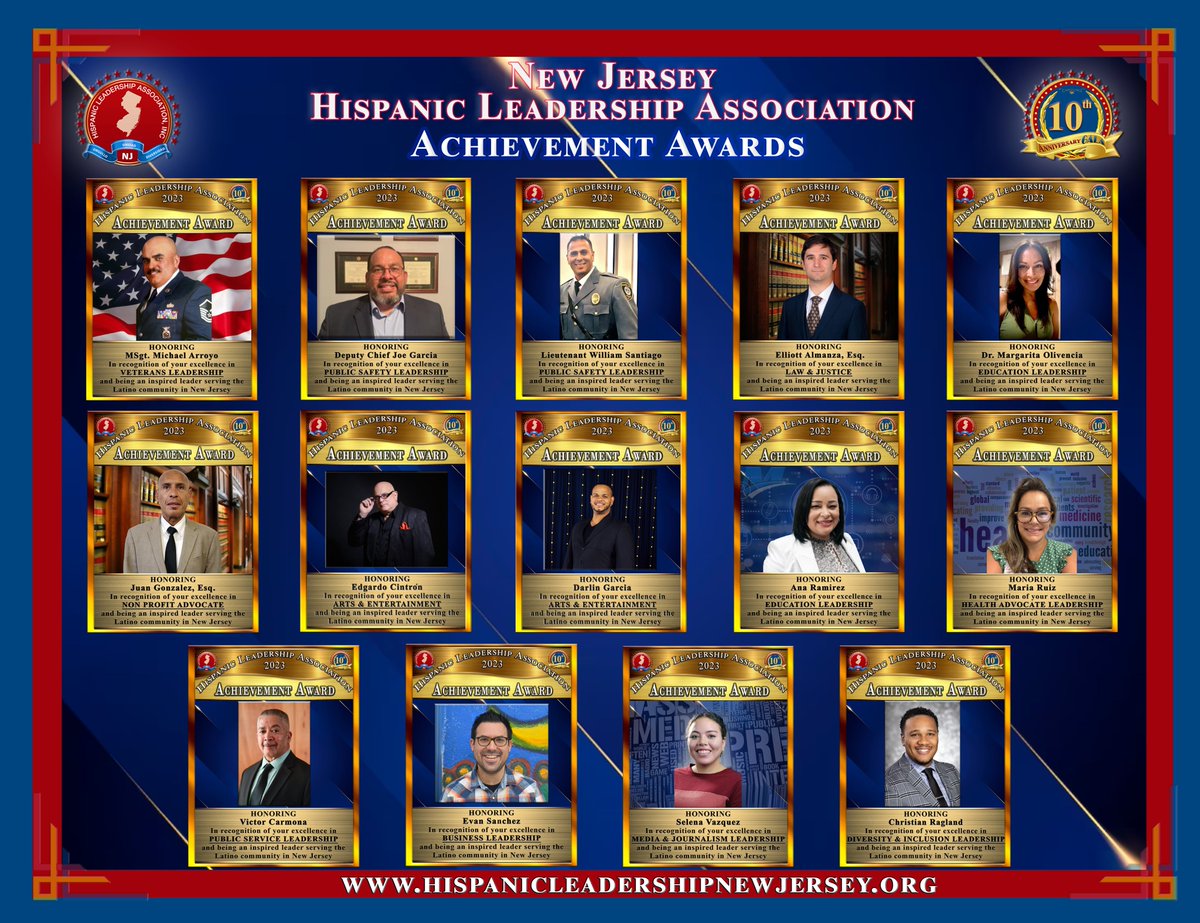 Join us for the Hispanic Leadership Association of New Jersey 10th Anniversary Gala!  
Honoring 14 Outstanding Awardees
Oct 28, 2023 
Resorts Casino Hotel, Atlantic City 
Don't miss it! hlanj.eventbrite.com #HLANJ #LeadershipGala