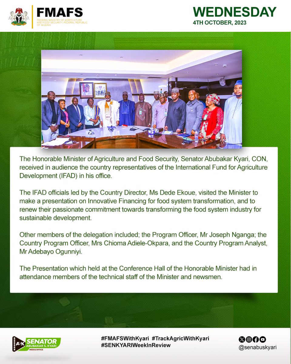 Gonimtarr's tweet photo. HON. MINISTER OF AGRIC & FOOD SECURITY, SENATOR ABUBAKAR KYARI’S WEEK IN REVIEW
1st October - 7th October, 2023
#SenKyariWeekInReview
#FMAFSWithKyari #TrackAgricWithKyari https://t.co/DjmpYyeFJh
