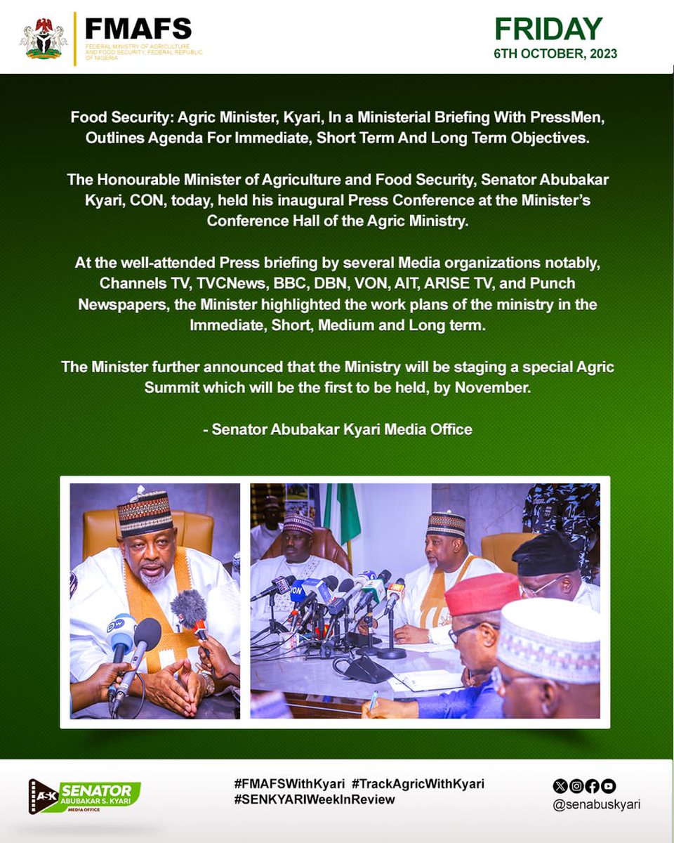 Gonimtarr's tweet photo. HON. MINISTER OF AGRIC & FOOD SECURITY, SENATOR ABUBAKAR KYARI’S WEEK IN REVIEW
1st October - 7th October, 2023
#SenKyariWeekInReview
#FMAFSWithKyari #TrackAgricWithKyari https://t.co/DjmpYyeFJh