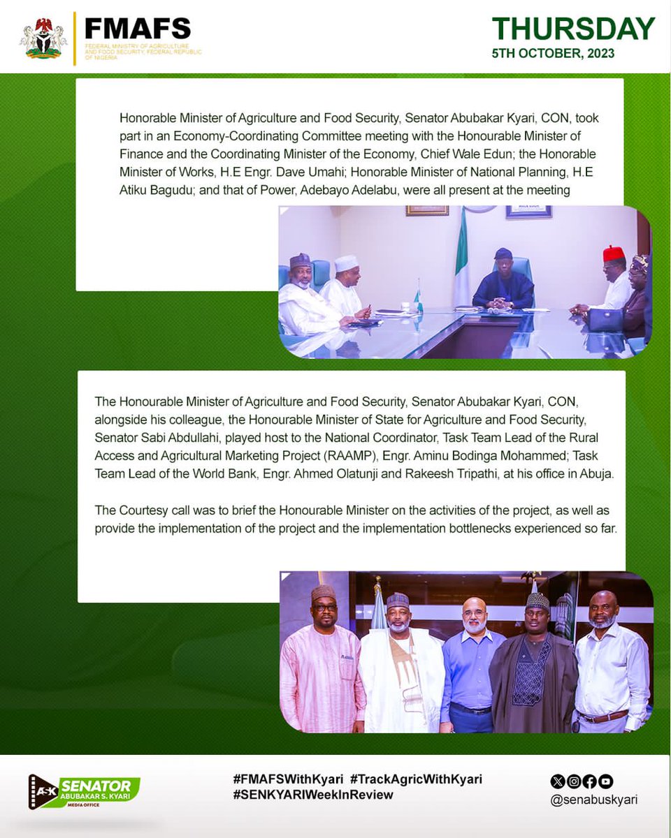 Gonimtarr's tweet photo. HON. MINISTER OF AGRIC & FOOD SECURITY, SENATOR ABUBAKAR KYARI’S WEEK IN REVIEW
1st October - 7th October, 2023
#SenKyariWeekInReview
#FMAFSWithKyari #TrackAgricWithKyari https://t.co/DjmpYyeFJh