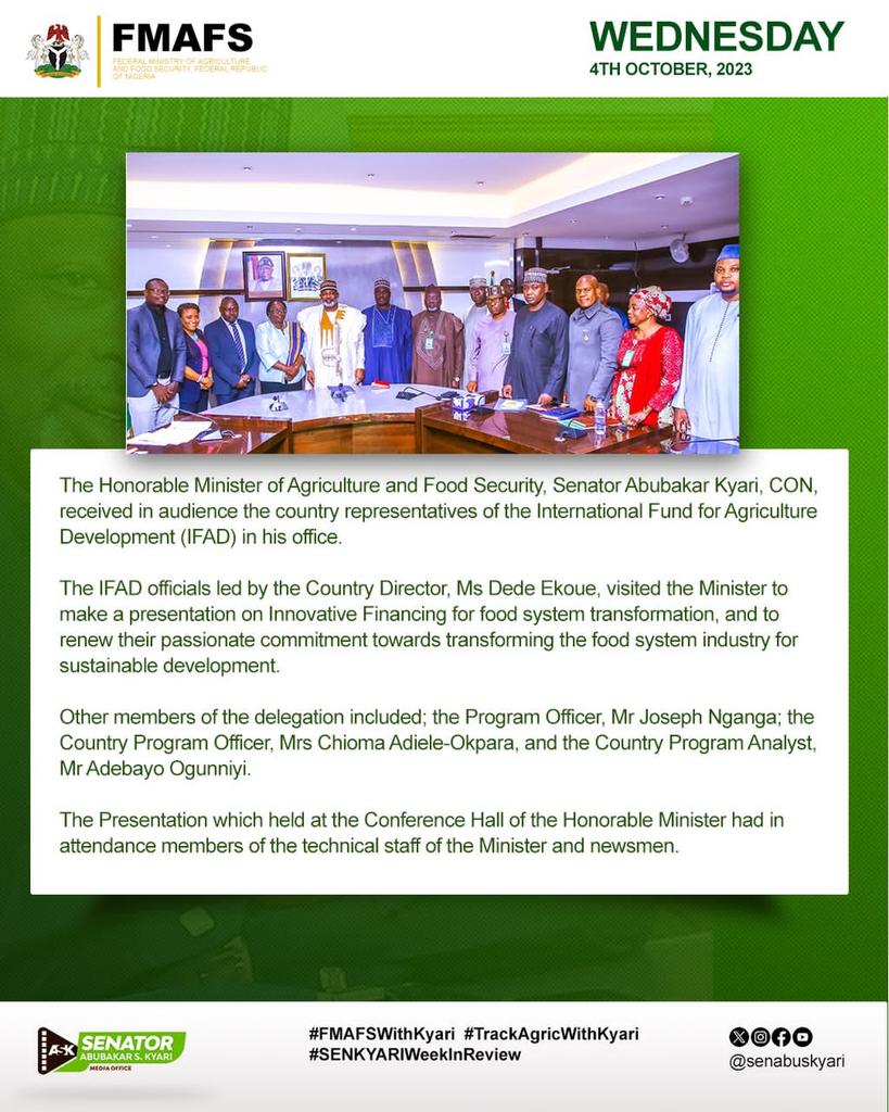 BMB1_Official's tweet photo. HON. MINISTER OF AGRIC & FOOD SECURITY, SENATOR ABUBAKAR KYARI’S WEEK IN REVIEW
1st October - 7th October, 2023
#SenKyariWeekInReview
#FMAFSWithKyari #TrackAgricWithKyari https://t.co/I9Aio7rC4I