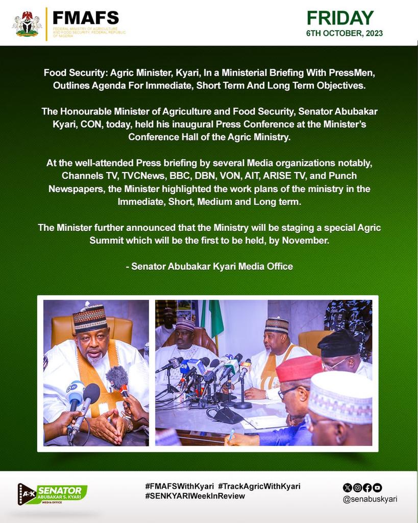 BMB1_Official's tweet photo. HON. MINISTER OF AGRIC & FOOD SECURITY, SENATOR ABUBAKAR KYARI’S WEEK IN REVIEW
1st October - 7th October, 2023
#SenKyariWeekInReview
#FMAFSWithKyari #TrackAgricWithKyari https://t.co/I9Aio7rC4I