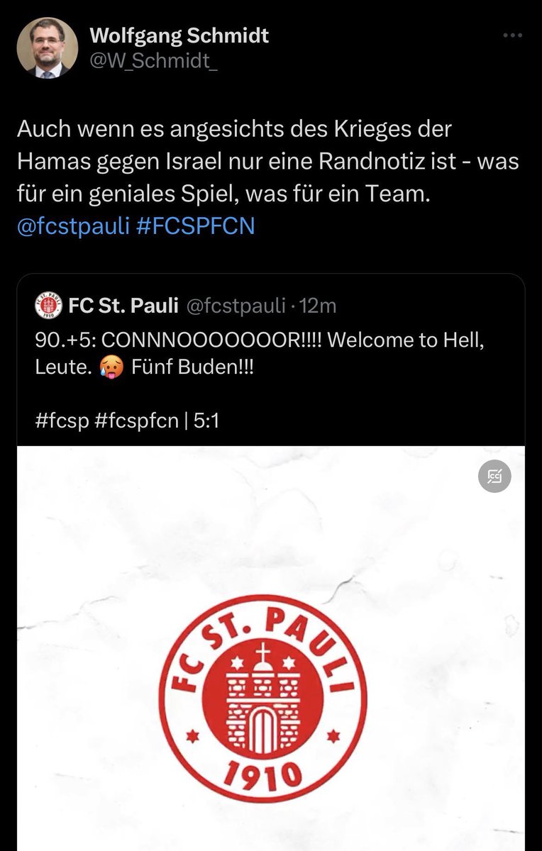 Kanzleramtschef Wolfgang Schmidt ist als engster Vertrauter von Olaf Scholz in diesen Stunden des Angriffs auf Israel trotz der besonderen Verantwortung Deutschlands mit Fußball beschäftigt. 

Der verstellte Blick der Sozialdemokraten setzt sich nahtlos fort. Putin kann sich auf