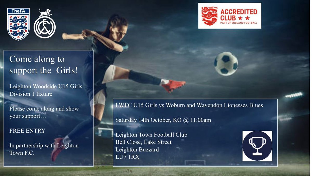 Fantastic experience for our girls this coming Saturday playing on the <a href="/LeightonTownFC/">(C) Leighton Town FC</a> pitch. Thanks to everyone who has made this possible. 🙏 
<a href="/Woodsidefc75/">Leighton Woodside FC</a>