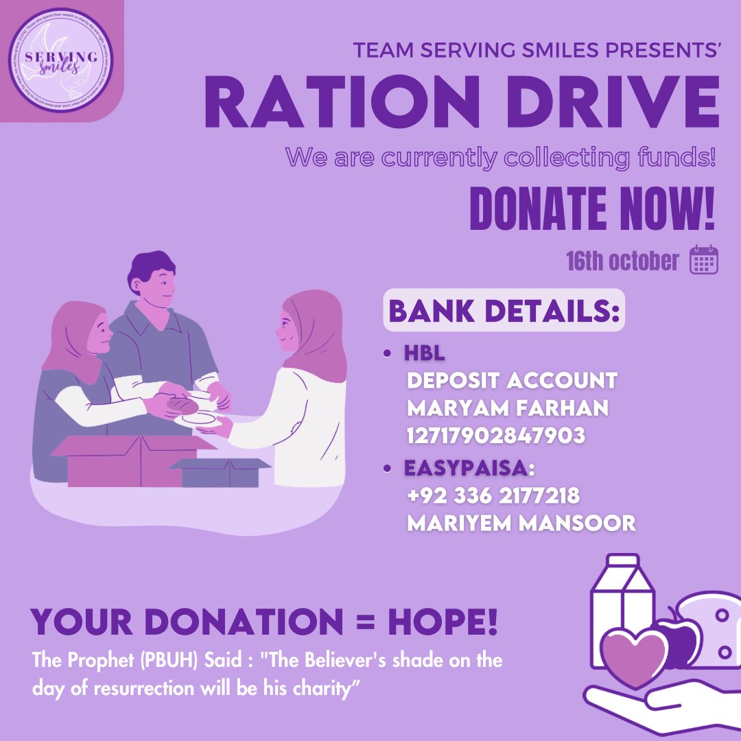 letsservesmiles's tweet photo. By the grace of Allah, Team Serving Smiles will be conducting its first ever "Ration drive" for the impoverished on the 16th of October. Our aim is to give away ration packs to 30 families and for this, we need your help. https://t.co/MKQrtA0AiM