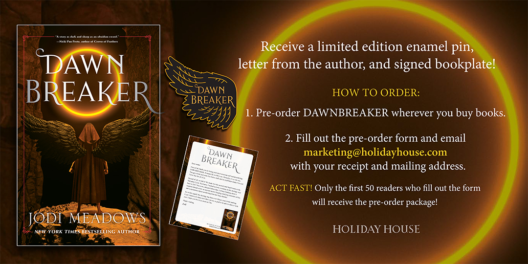 We are so excited to be launching the pre-order campaign for DAWNBREAKER! Enter the giveaway for a chance to win these goodies!

Form: ow.ly/JpH950PTBOP

US only!

<a href="/jodimeadows/">Jodi Meadows</a>

#yalit #giveaway