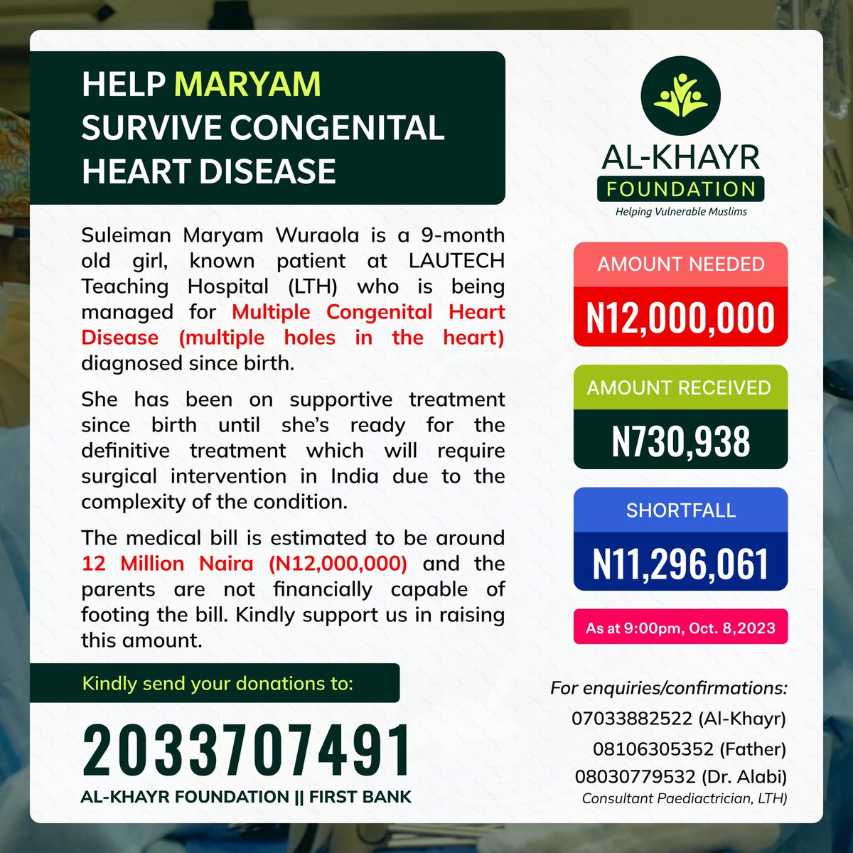 AMHS_LTH_CHS's tweet photo. HELP MARYAM SURVIVE CONGENITAL HEART DISEASE

Thank you good people! We understand the current situation of the economy. 
The account details are provided below:
First Bank/2033707491/Al-khayr Foundation

JazaakumuLlāhu khayran!
#SaveBabyMaryam
#SaveBabyMaryam
#SaveMaryam https://t.co/cTrWsbR2Mq