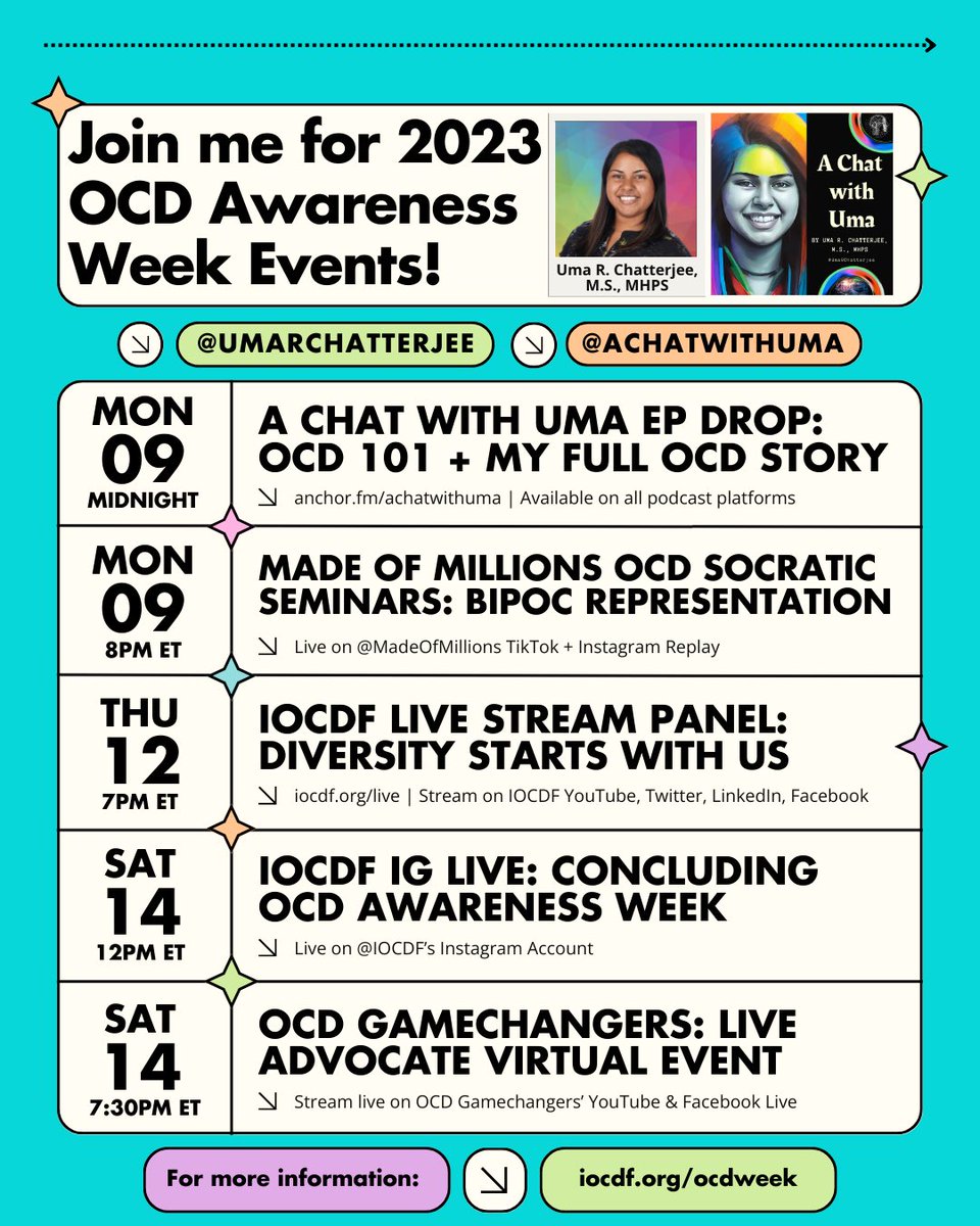 📣 JOIN ME FOR OCD AWARENESS WEEK EVENTS ALL WEEK! 🧠

The 2nd week of Oct. is #OCDAwarenessWeek to educate others about the reality of #RealOCD, make a difference & break the stigma around OCD.

Join me for #OCDWeek events w/@AChatWithUma @IOCDF @MadeOfMillions_ @OGamechangers⬇️