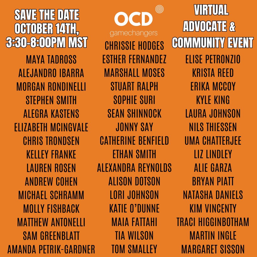 #OCDAwarenessWeek 2023 EVENTS 📣

💙 Sat. 10/14, 7:30pm ET: <a href="/OGamechangers/">OCDGamechangers</a> Live Advocate Virtual Event

Tune in on OCD Gamechangers’ YouTube &amp; Facebook Live!