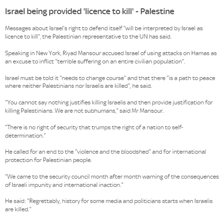 🗣️ Voices from Palestine: Accusations of a 'license to kill' as Israel claims its right to self-defense. The Palestinian representative to the UN urges a change in course towards a peaceful resolution that values all lives equally. 💬🕊️ #Israel #Palestine #UN