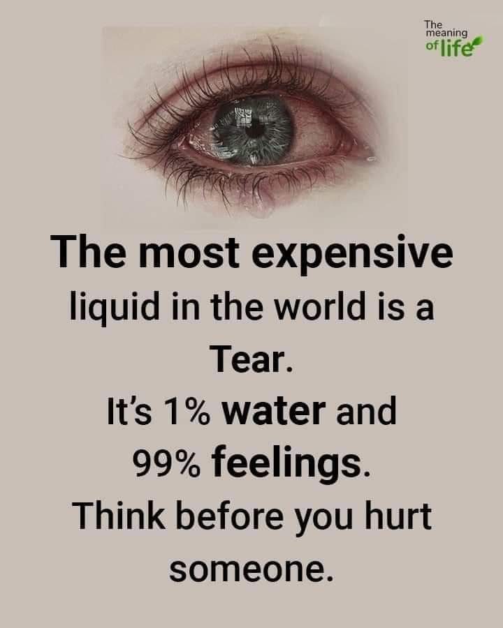 thementalmojo's tweet photo. The most expensive liquid in the world is tears. It's 1% Water, 99% Feelings. Think before you hurt someone. https://t.co/oUuSh4qj92