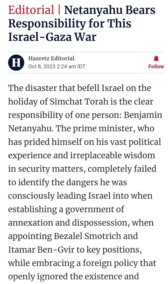 Haaretz is Israel's oldest &amp; probably most respected newspaper. Its editorial blaming the horrific violence of the last 36 hours on Netanyahu's cruel &amp; reckless policies is quite something.

Fascism breeds on war, &amp; vice versa. haaretz.com/opinion/editor…