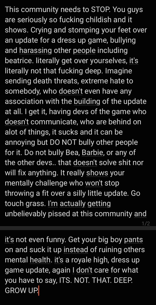 Levamiii_RH's tweet photo. TO THE PEOPLE WHO HAVE BEEN ACTING UNBELIEVABLY RABID TO THE DEVS, BEA, BARBIE, AND OTHER PEOPLE FROM THE RH COMMUNITY. 
#royalehighupdate #Beaplays #royalehigh #royalloween #roblox #royaleween #royalehighcampus3 https://t.co/qviAyqAbJU