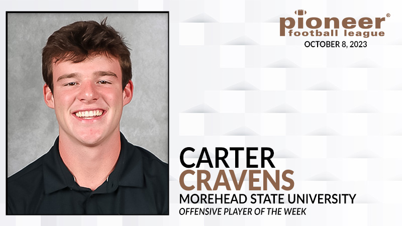 𝗣𝗙𝗟 𝗢𝗳𝗳𝗲𝗻𝘀𝗶𝘃𝗲 𝗣𝗹𝗮𝘆𝗲𝗿 𝗼𝗳 𝘁𝗵𝗲 𝗪𝗲𝗲𝗸
<a href="/MSUEaglesFB/">Morehead State Football</a> Carter Cravens was responsible for three touchdowns (2 passing, 1 rushing) and 323 offensive yards in the Eagles PFL victory against Dayton Saturday.