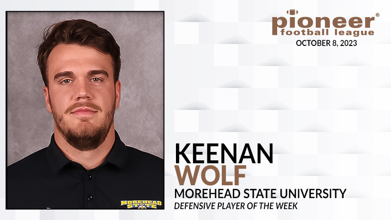 𝗣𝗙𝗟 𝗗𝗲𝗳𝗲𝗻𝘀𝗶𝘃𝗲 𝗣𝗹𝗮𝘆𝗲𝗿 𝗼𝗳 𝘁𝗵𝗲 𝗪𝗲𝗲𝗸
<a href="/MSUEaglesFB/">Morehead State Football</a> linebacker Keenan Wolf led all PFL tacklers with 15 stops, forced a fumble, and broke up a pass as Morehead State held Dayton off the scoreboard over the final 45:48 Saturday.