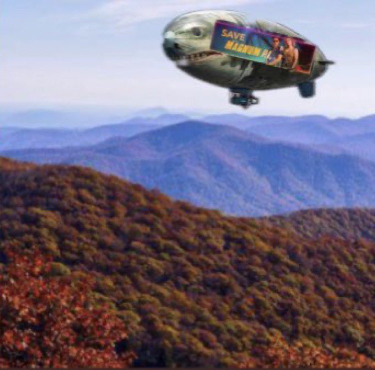 naturehike21's tweet photo. The world famous shark blimp created by @super_megs1001 has now been spotted over the beautiful Blue Ridge Mountains in Georgia. That blimp can really travel! Looks like the #MagnumPI fans will go to any measure to #SaveMagnumPI. 💥♥️

Thanks to @wirrwarr03 for the excellent idea https://t.co/LUAVkQuUVo