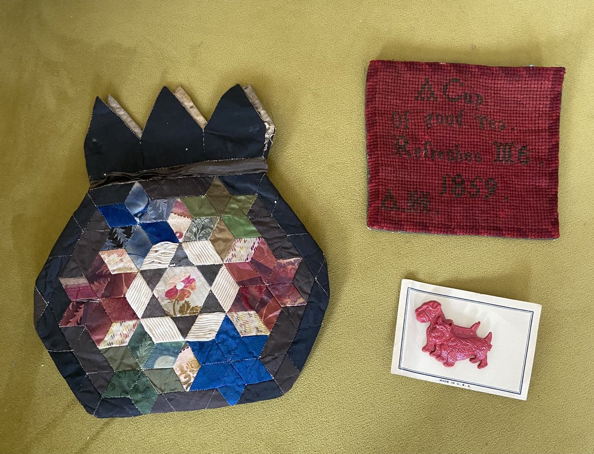 Today I went to the Textile Society’s great antique and vintage textile fair and got some treasures! They are a mid-19th-century quilted bag, a 1950s brooch with Scotties, and an embroidered coaster which reads, “A Cup of good Tea Refreshes Me, 1859”