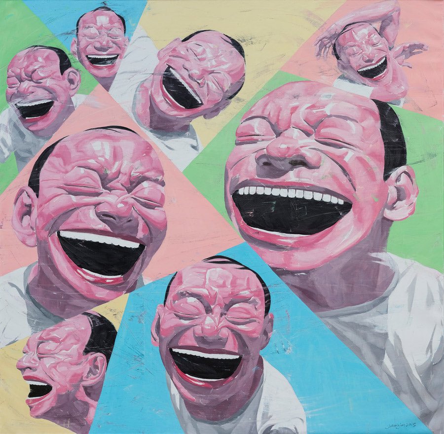 javierZeba's tweet photo. Yue Minjun, nos deja una huella distintiva con sus autorretratos sonrientes y burlones. Sus pinturas icónicas, a menudo en tonos brillantes, se burlan de la convencionalidad y exploran la dualidad de la risa y la angustia en la sociedad moderna china. https://t.co/BwcuHS7DkW