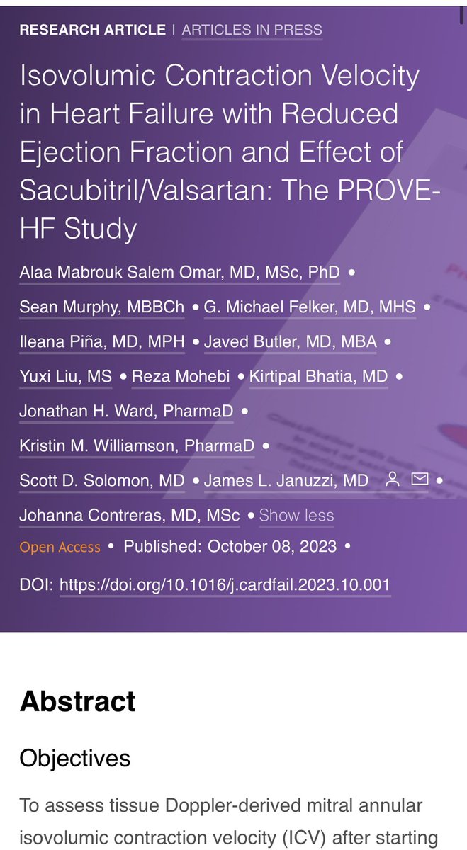 Isolvolumic contraction Velocity complements EF for HFrEF risk stratification and monitoring response to sac/val therapy So grateful for @JJheart_doc @Jcontreras75 for Simultaneous Presentation in HFSA and Publication in JCF #HFSA2023 #PROVEHF onlinejcf.com/article/S1071-…