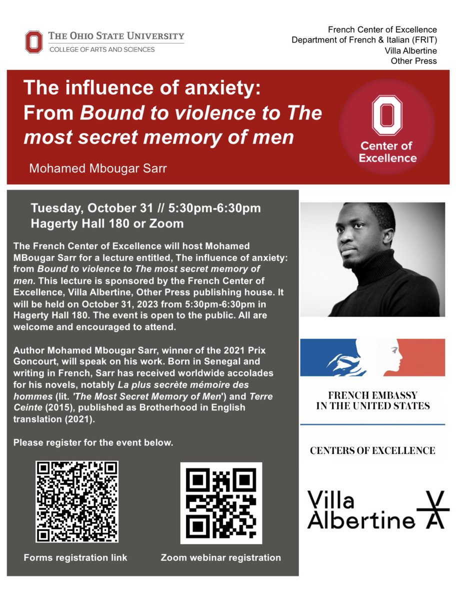 Please join us October 31st at 5:30 (EST) for a presentation by Mohamed Mbougar Sarr, winner of the Prix Goncourt in 2021 for his novel, La plus secrète mémoire des hommes, published by Éditions Philippe Rey with the Senegalese publishing house Éditions Jimsaan (Dakar)!