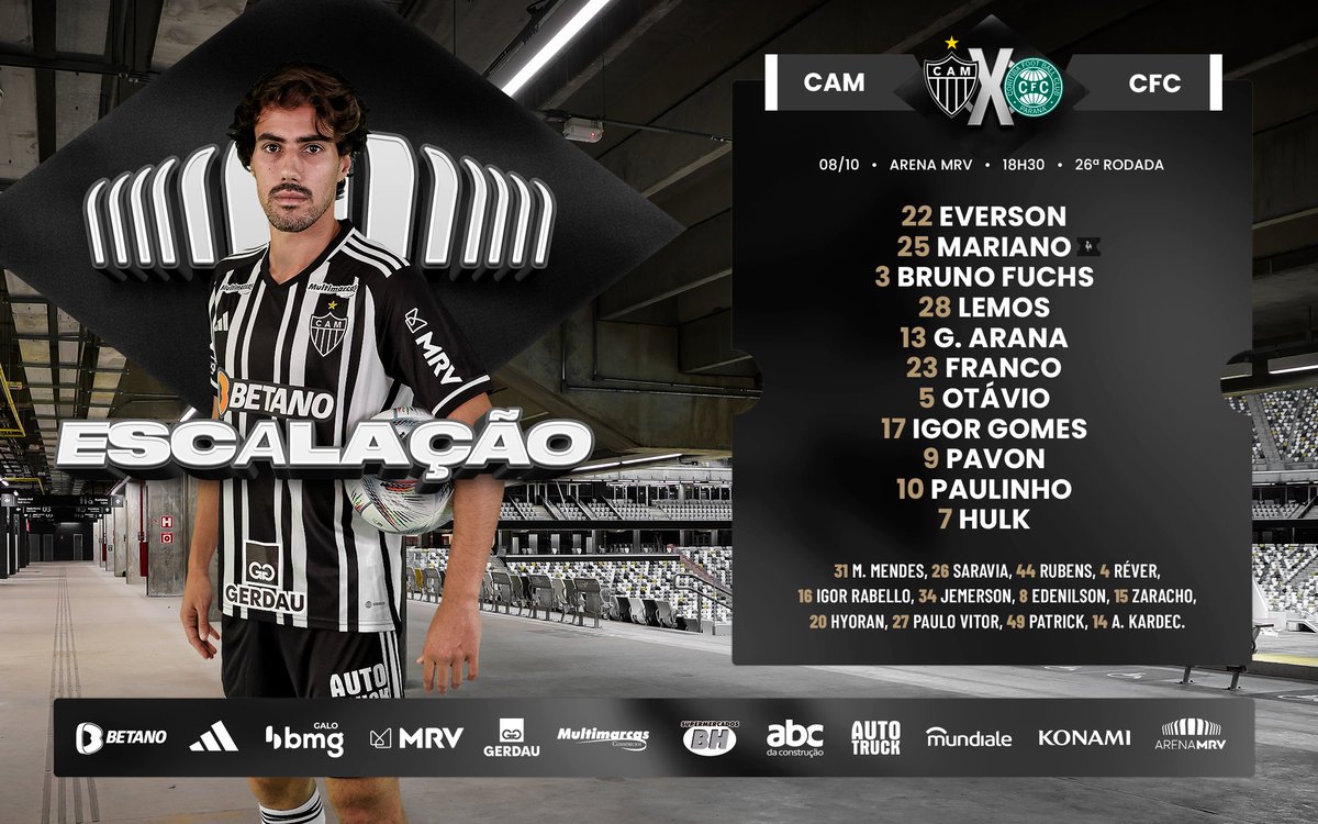 Atletico's tweet photo. 📋 GALO ESCALADO! Confira nossa escalação para enfrentar o Coritiba, pelo @Brasileirao.
#VamoGalo #GaloPaixãoNacional #CAMxCFC 🏴🏳️ https://t.co/76ZtJV8qdj