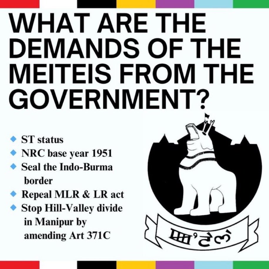Dear Sir <a href="/PMOIndia/">PMO India</a> <a href="/AmitShah/">Amit Shah</a> <a href="/rajnathsingh/">Rajnath Singh</a> <a href="/NBirenSingh/">N. Biren Singh</a> 
We WANT :
1. ST status
2.NRC base year 1951
3.Seal the Indo-Burma border
4.Repeal MLR &amp; LR act
5.Stop Hill-Valley divide in Manipur by amending Art 371C <a href="/stdcm_org/">STDCM</a> 
@sr_meitei <a href="/meiteiheritage/">Meitei Heritage Society</a> <a href="/delhimeitei/">Delhi Meitei Forum</a> <a href="/MeiteiAMA/">Association of Meiteis in the Americas</a>