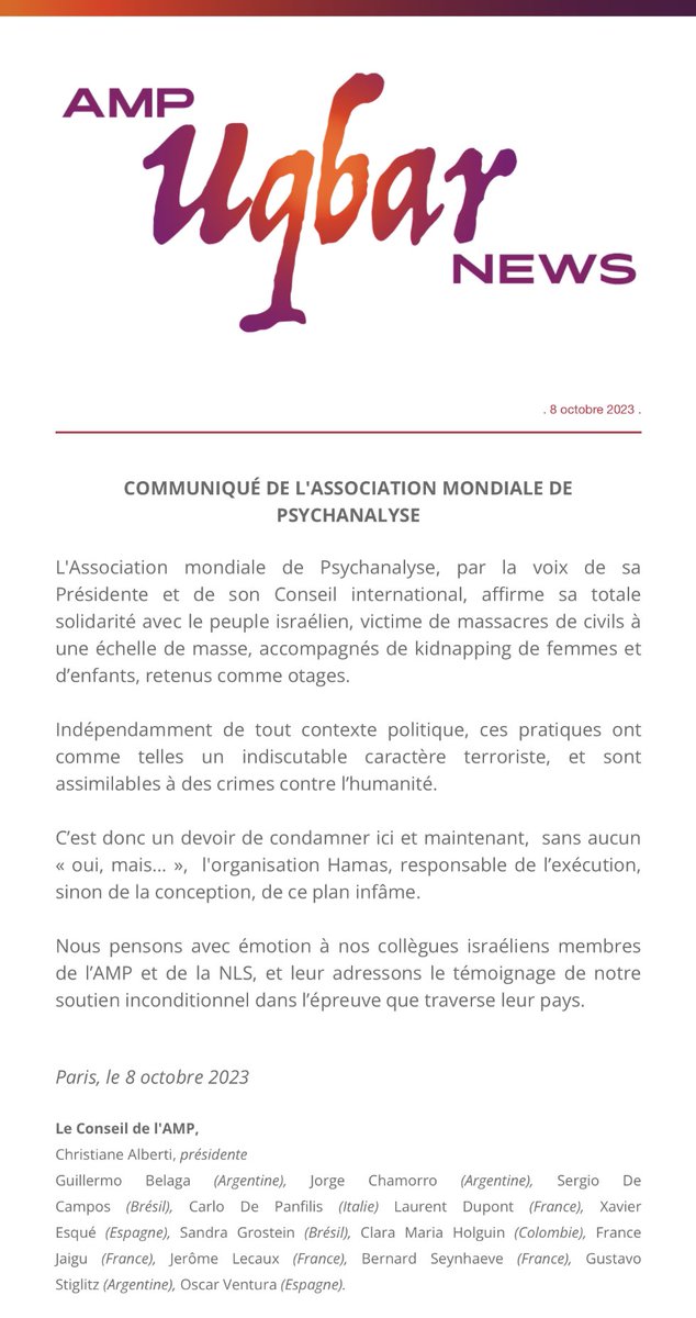 NLS_AMP's tweet photo. [Secrétaire AMP - Uqbar Wapol ] COMMUNIQUÉ DE L'ASSOCIATION MONDIALE DE PSYCHANALYSE / COMMUNIQUÉ BY THE WORLD ASSOCIATION OF PSYCHOANALYSIS https://t.co/WOGO0UHOX4