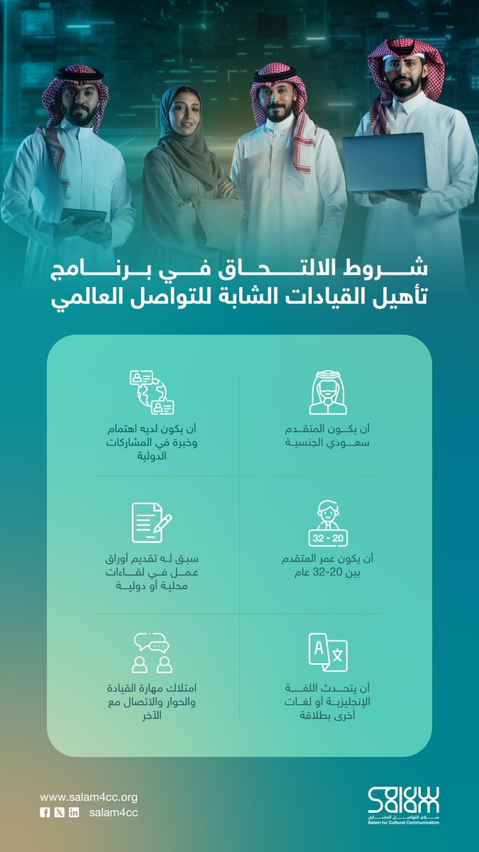 Salam4ccAR's tweet photo. عمرك بين 20و 32عاماً .. لديك الاهتمام والشغف للمشاركة في المؤتمرات والندوات والحوارات الدولية، اطلع على شروط برنامج #تأهيل_القيادات_الشابة_للتواصل_العالمي وسجل في الدفعة السادسة:
 https://t.co/QQj6iSJt3p https://t.co/XVaGBLwLD2