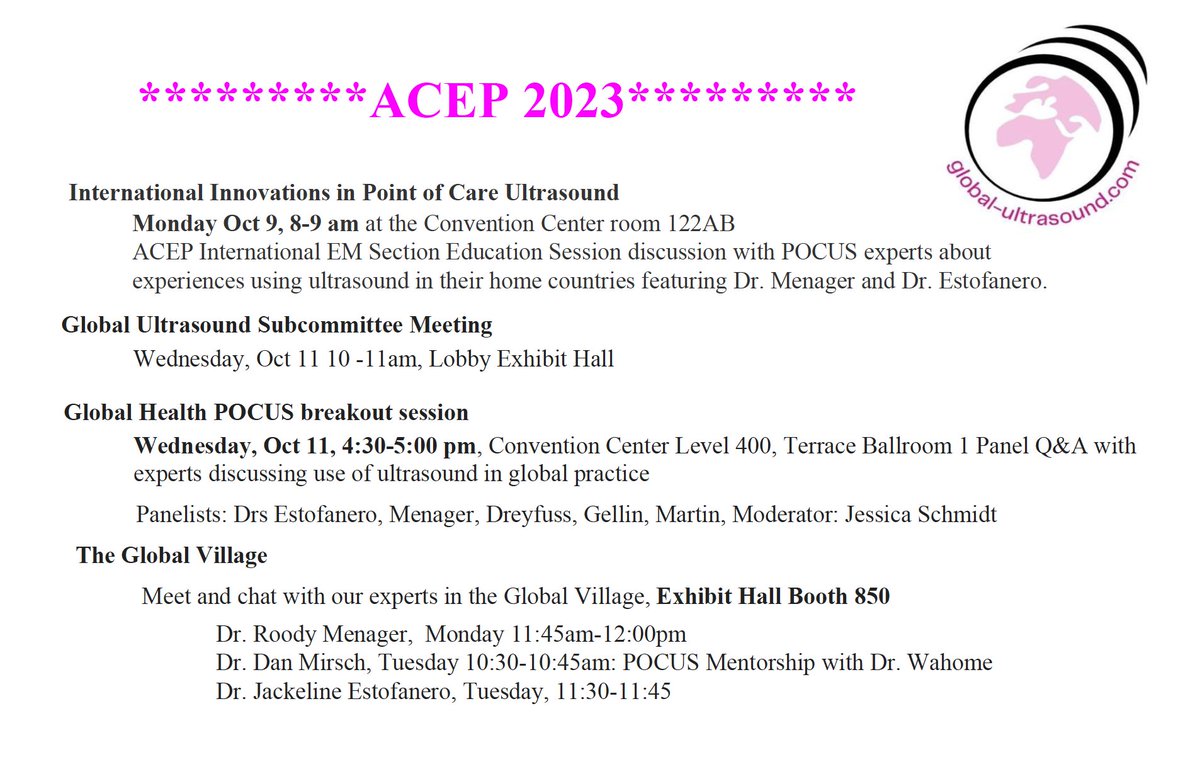 Don't miss “International Innovations in POCUS” w/ experts from around the world - Oct 9 @8AM EST at #ACEP23 in Philadelphia! @ACEP_IEM @ACEP_EUS.