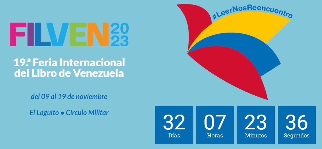 📌 ¡Faltan 32 días para la 19ª #FILVEN2023! 
📅 Del 9 al 19 de noviembre
📍 Círculo Militar de Caracas
🇨🇴 País invitado de honor: Colombia
📚 Nuestro lema: #LeerNosReencuentra

#DerechoSoberano

<a href="/NicolasMaduro/">Nicolás Maduro</a> <a href="/VillegasPoljak/">Ernesto Villegas Poljak</a> <a href="/raulcazal/">Raúl Cazal</a> <a href="/minculturave/">Ministerio del Poder Popular para la Cultura</a>