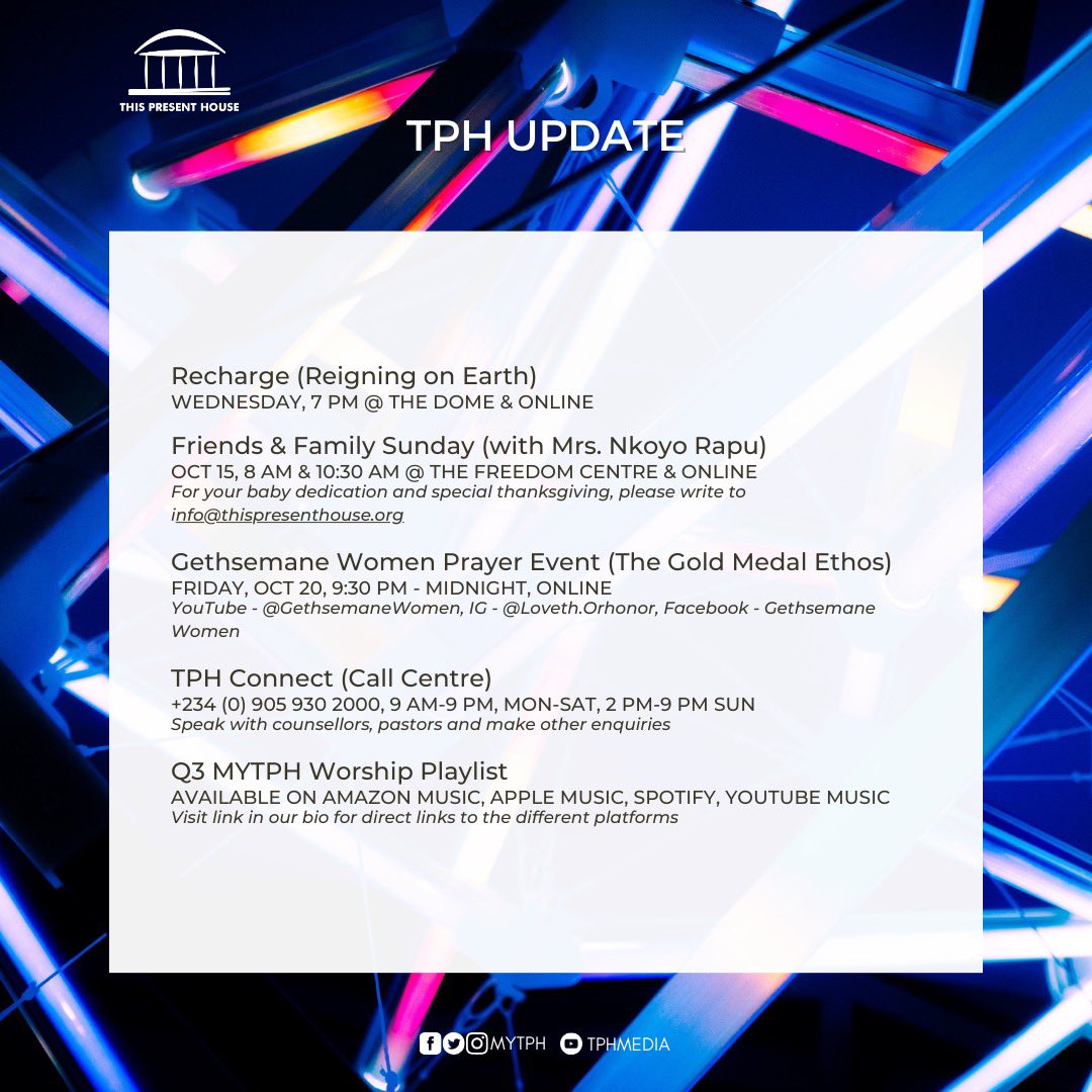 MyTPH's tweet photo. Hello TPH Fam, as we run full pelt into Q4-2023, here is a schedule of upcoming events at This Present House, curated with love and discernment about what God wants us to learn, build and do in this season. Which one are you looking forward to the most?
#myTPH
#TPHUpdate https://t.co/2fpAT6utbd